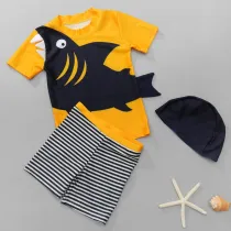 Kids Boy Swimsuit 3D Shark Tops And Stripe Pants With Swimming Cap