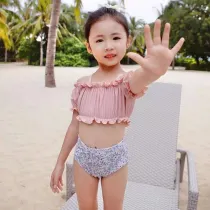 Baby Girls Swimsuit Adjustable Shoulder Ruffled Two-Pieces Bikini With Cap