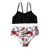 Toddler Girls Swimsuit Pure Color Ruffle Tops Flower Printing Panties Set