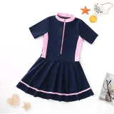 Kids Girls Swimsuits One Piece Skirt Pink Short Sleeve Bathing Suit With Zipper