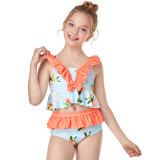 Girls Swimsuit Two-Pieces Ruffled Bikini Flower Printed Set Beachwear For Toddler Kids