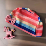 Baby Girls Swimsuit Rainbow Stripe Single Shoulder Flounce One-Piece Bikini With Cap