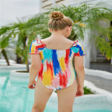 Toddler Girls Swimsuit Oil Paint Style Short Sleeves Ruffled One Piece Beachwear