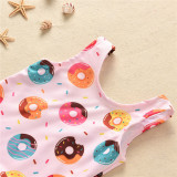 Baby Girls Swimsuit Cartoon Doughnut Printing Ruffled Swimwear with Bowknot Hairband