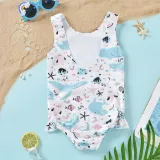 Baby Girls Swimsuit Cartoon Ocean Shark Printing Ruffled Swimwear with Bowknot Hairband