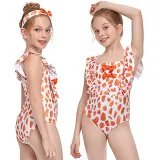 Girls Swimsuit Petal Printed Flounces Sleeve Bowknot One-Piece Bikini Set Beachwear