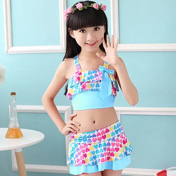 Kids Girls Heart Pattern Print Bathing Suits Ruffle Two-Pieces Swimsuits Beachwear with Cap