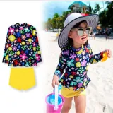 Children Girls Flower Printed Long Sleeve Two-Pieces Swimsuit UV Protective Beachwear