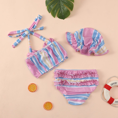 3PCS Toddler Girl Swimsuit Stripe Dot Bowknot Ruffled Beachwear