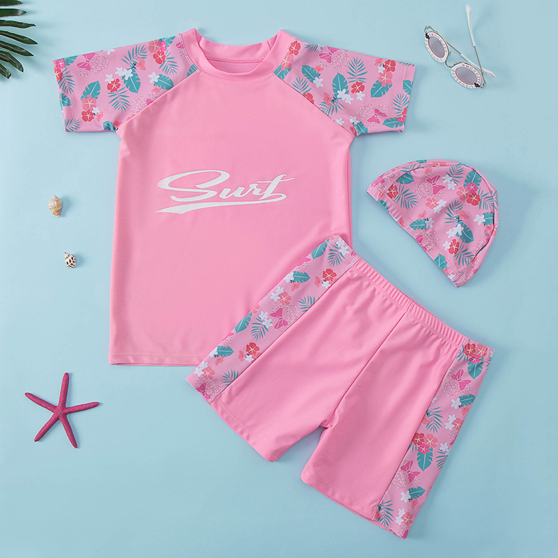 Toddler Girls Swimsuit Pink Flower Printing Surf Swimwear With Cap