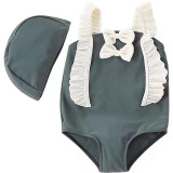 Baby Girls Swimsuit Bowknot Flounce Shoulder One-Piece Bikini With Cap