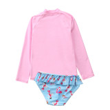 Baby Girls Mermaid Flamingo Cartoon Printed Swimsuits Ruffled Long Sleeve Beachwear