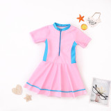 Kids Girls Swimsuits One Piece Skirt Pink Short Sleeve Bathing Suit With Zipper