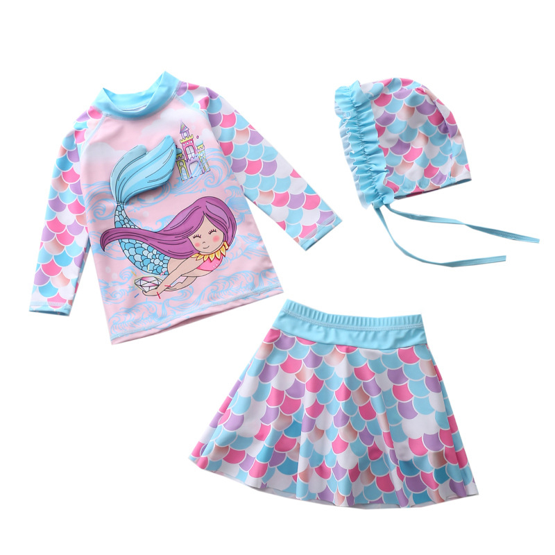 3PCS Baby Toddler Girl Swimsuit Mermaid Ripple Printing Set