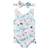 Baby Girls Swimsuit Cartoon Ocean Shark Printing Ruffled Swimwear with Bowknot Hairband