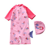 Baby Toddler Girl Pink Cartoon Mermaid Swimsuit Beachwear With Swimming Cap