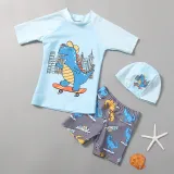 Toddler Boy Swimsuit Cartoon Dinosaur Printing Short Set With Cap