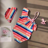 Baby Girls Swimsuit Rainbow Stripe Single Shoulder Flounce One-Piece Bikini With Cap