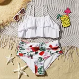 Toddler Girls Swimsuit Pure Color Ruffle Tops Flower Printing Panties Set