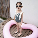 Baby Girls Swimsuit Bowknot Flounce Shoulder One-Piece Bikini With Cap