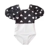 Baby Girls Swimsuit Black White Heart Shape Puff Sleeve One-Piece Bikini With Cap