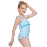 Girls One-Piece Pure Color Swimsuit Ruffled Beachwear For Toddler Kids