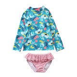 Baby Girls Flower Pattern Printed Swimsuits Ruffled Long Sleeve Beachwear