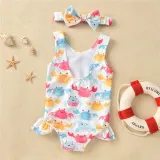 Baby Girls Swimsuit Cartoon Crab Printing Ruffled Swimwear with Bowknot Hairband