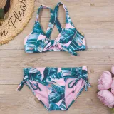 Toddler Girl Swimsuit Leaves Printing Bikini Bowknot Beachwear Set