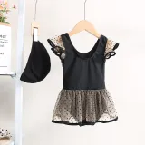 Toddler Girl Swimsuit Black Dot Gauzy Dress Ruffled Beachwear