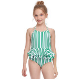 Girls One-Piece Vertical Stripe Swimsuit Ruffled Beachwear For Toddler Kids