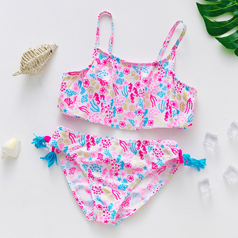 Toddler Girl Swimsuit Colourful Sea Horse Printing Tassels Bikini Set