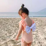 Children Girls Swimsuit Big Bowknot Flounce Sleeve One-Piece Bikini With Cap