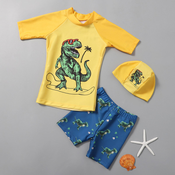 Toddler Boy Quick-Dry Swimsuit Cool Dinosaur Short Set With Cap