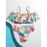 Toddler Girls Swimsuit Sleeveless Off-the-shoulder Flower Printing Ruffled Beachwear Set