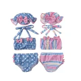 3PCS Toddler Girl Swimsuit Stripe Dot Bowknot Ruffled Beachwear