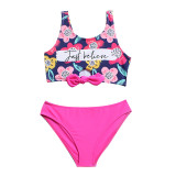 Toddler Girl Swimsuit Flower Printing Bowknot Vest Beachwear Set