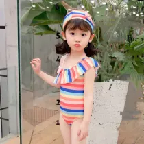 Baby Girls Swimsuit Rainbow Stripe Single Shoulder Flounce One-Piece Bikini With Cap