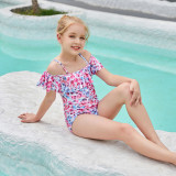 Toddler Girls Swimsuit Petal Printing Ruffle Off-the-shoulder One Piece