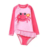 Baby Girls Cartoon Crab Dot Pattern Printed Swimsuits Ruffled Long Sleeve Beachwear
