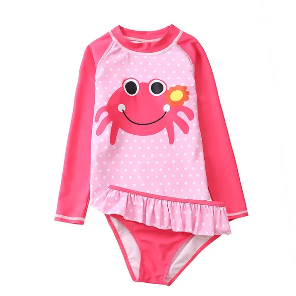 Baby Girls Cartoon Crab Dot Pattern Printed Swimsuits Ruffled Long Sleeve Beachwear