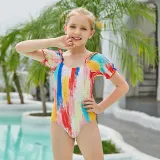 Toddler Girls Swimsuit Oil Paint Style Short Sleeves Ruffled One Piece Beachwear