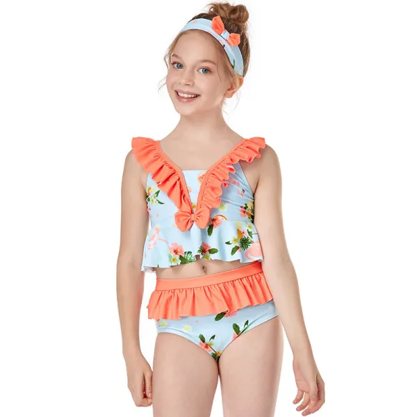Girls Swimsuit Two-Pieces Ruffled Bikini Flower Printed Set Beachwear For Toddler Kids