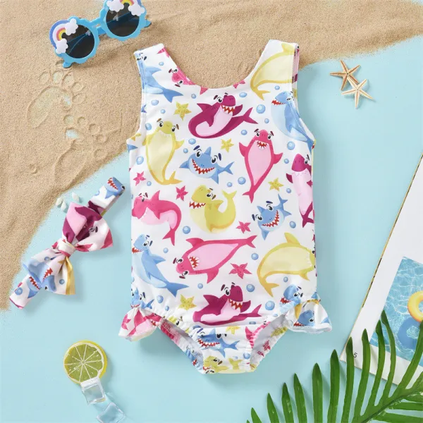Baby Girls Swimsuit Cartoon Ocean Shark Printing Ruffled Swimwear with Bowknot Hairband