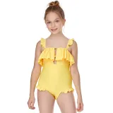 Girls One-Piece Pure Color Swimsuit Ruffled Beachwear For Toddler Kids