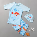 Toddler Boy Swimsuit Anchor Fish Printing Short Sandbeach Set With Cap