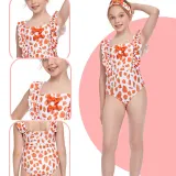 Girls Swimsuit Petal Printed Flounces Sleeve Bowknot One-Piece Bikini Set Beachwear