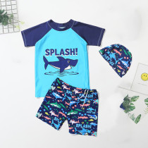 Kids Boy Short Swimsuit Cartoon Shark Crocodile Beachwear Set With Cap