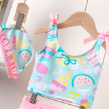 3PCS Toddler Girl Swimsuit Cartoon Printing Ruffled Beachwear
