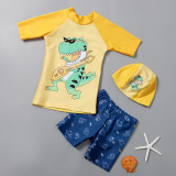 Toddler Boy Swimsuit Cartoon Dinosaur Printing Short Set With Cap